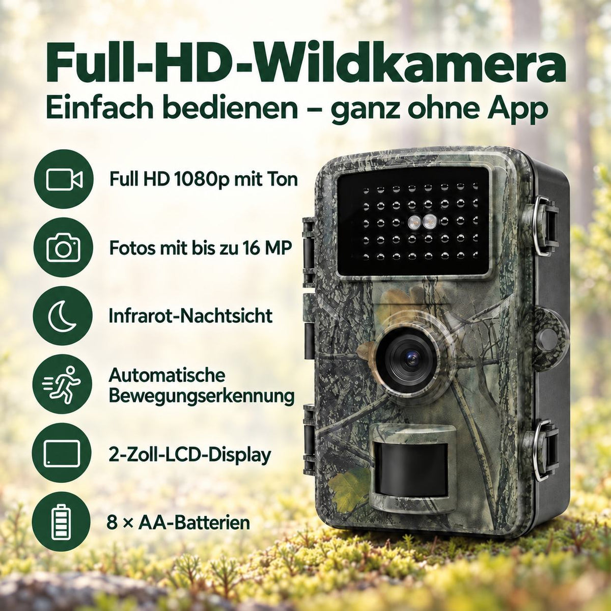 Wildkamera Full HD 1080p – 16 MP, einfache Bedienung ohne App