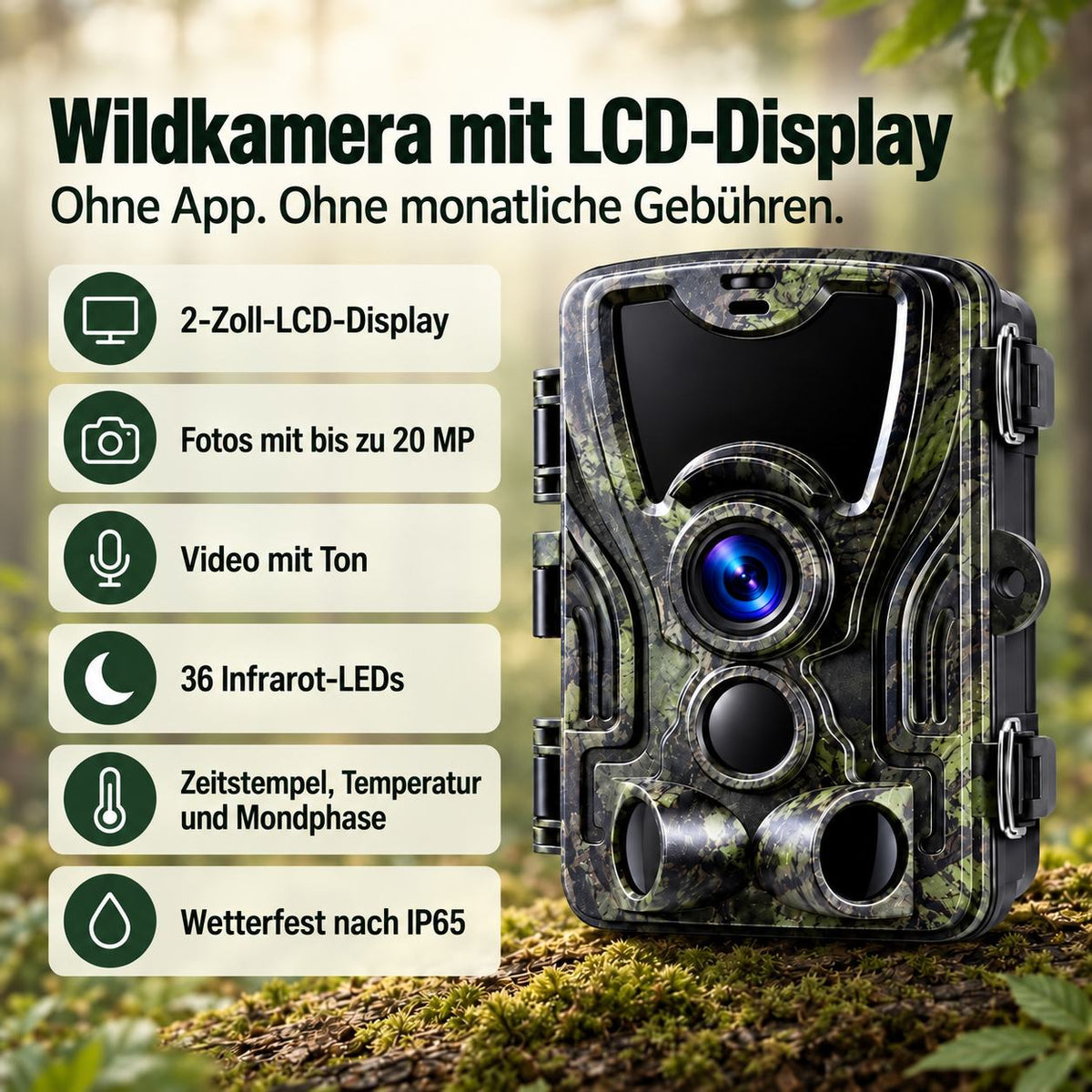 Wildkamera 20 MP mit LCD-Display – Zeitstempel, Temperatur und Mondphase