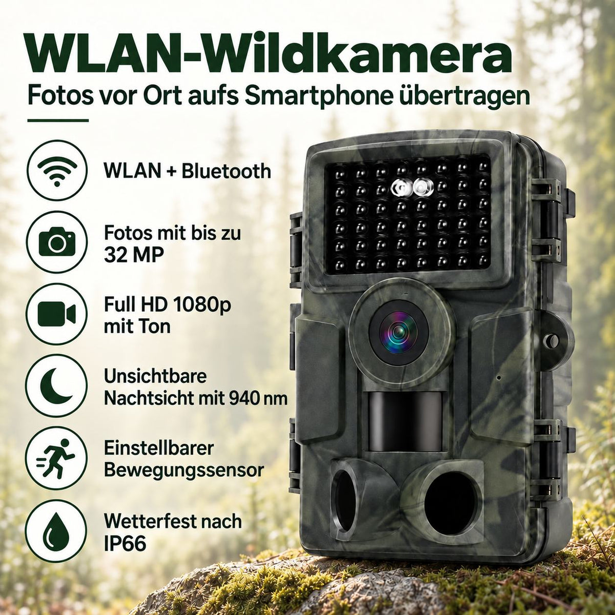 WLAN-Wildkamera 32 MP – Full HD, Bilder aufs Handy ohne Monatsgebühr